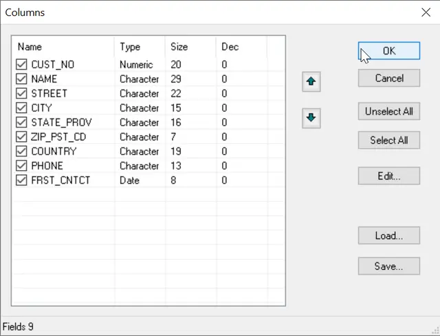 select fields for dbf format