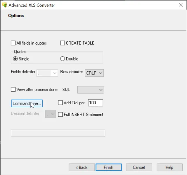 SQL file format options in XLS Converter